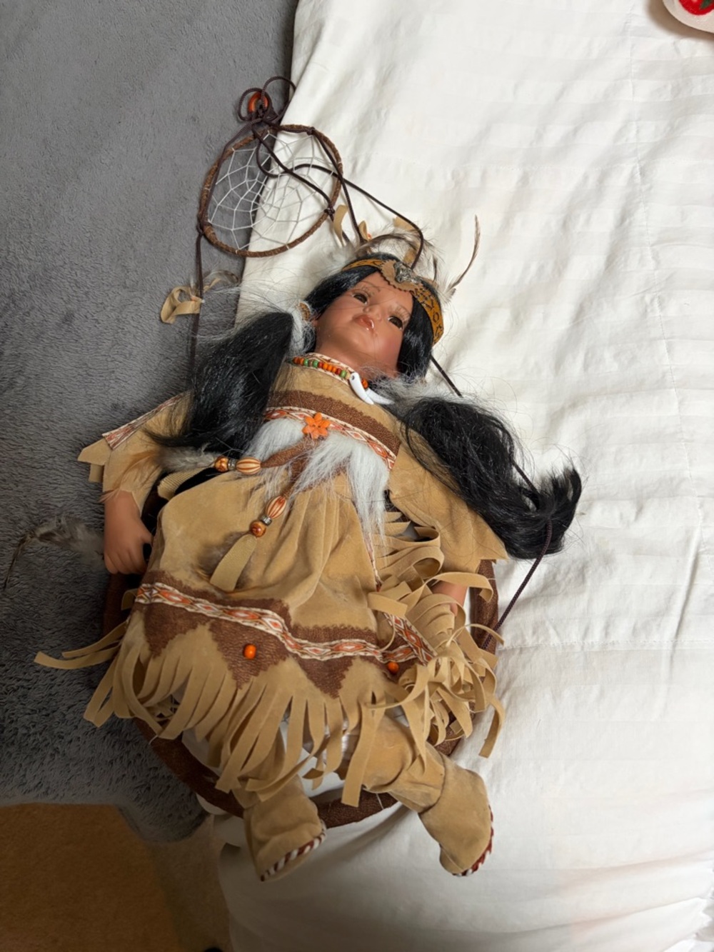 Native-Inspired Hanging Girl Doll with Black Hair with Dream Catcher
